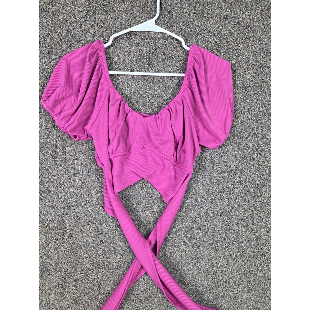 New Mode Puff Sleeve Crop Top Womens Large Pink Ribbed Wrap Tie Waist‎